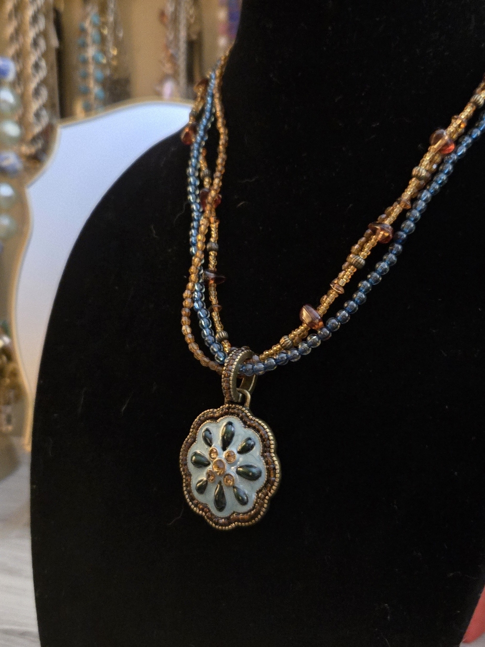 Vintage AVON Blue and Gold Beaded Pendant AND Earring Set